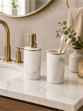 Sunday Citizen Resin Bath Set Faux Marble Soap Dispenser & Toothbrush Holder
